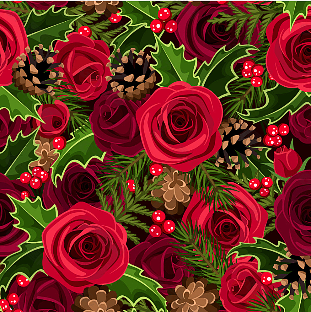 红玫瑰和枸骨无缝背景图片