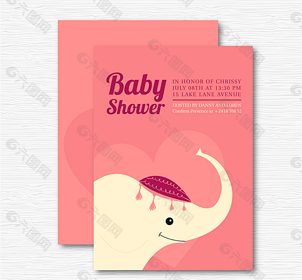 粉色大象迎婴派对邀请卡图片