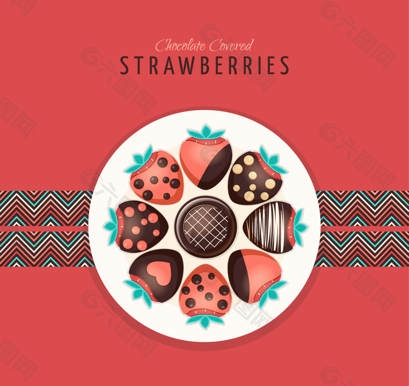沾巧克力酱的草莓拼盘矢量图
