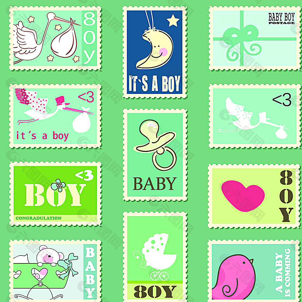 卡通母婴邮票矢量素材图片