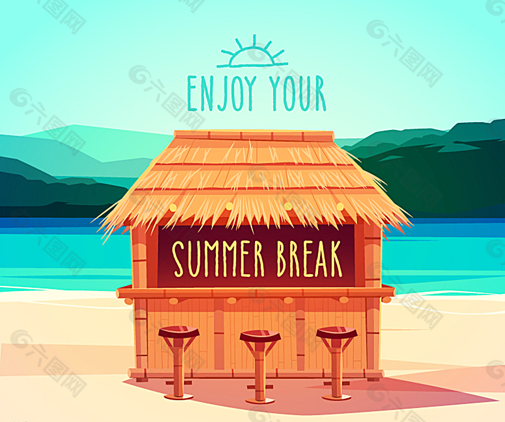 夏季沙滩茅草屋海报图片