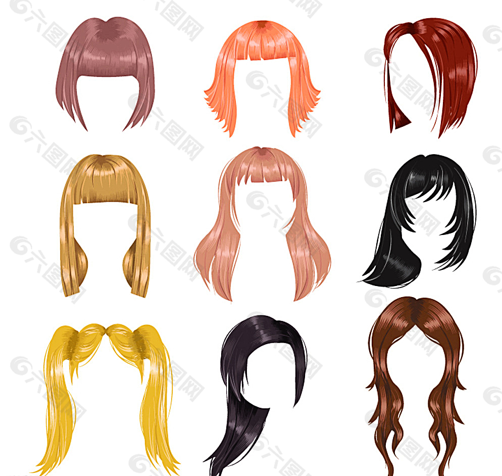 作品主题是 9款彩色女子发型设计矢量图_图片,编号是6142839,格式是ai