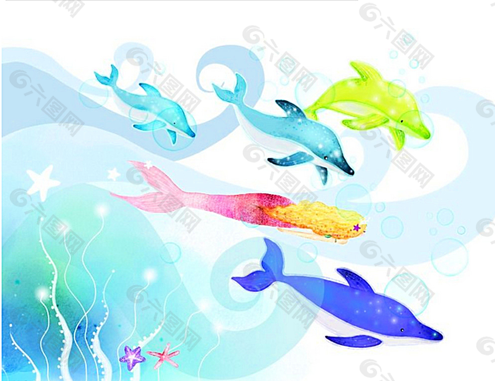 海底彩色鱼群插画图片