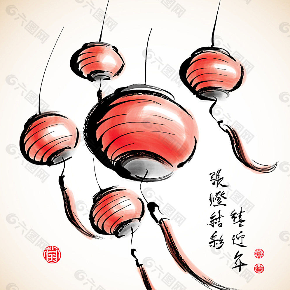 春节水墨红灯笼矢量素材图片