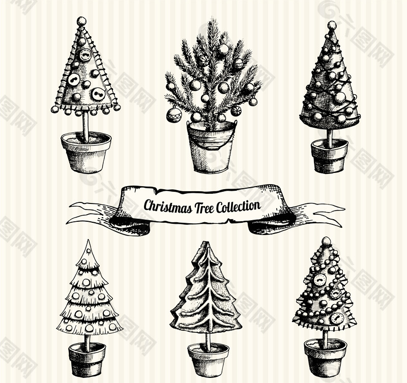 6款手绘圣诞树盆栽矢量素材