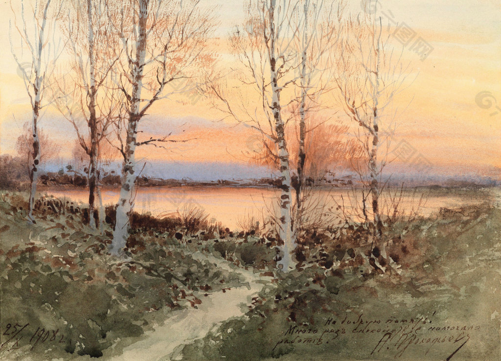 湖边夕阳美景油画