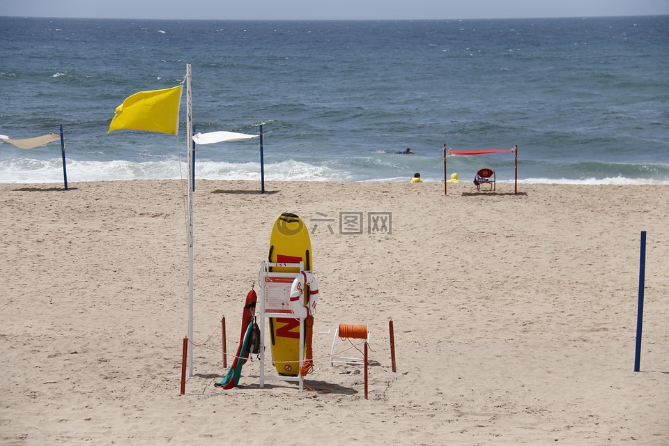 安全,海滩,黄色