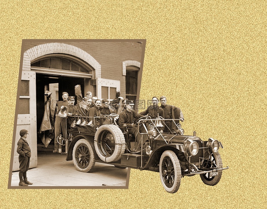 古董消防车,1911年惠普消防车,老式照片