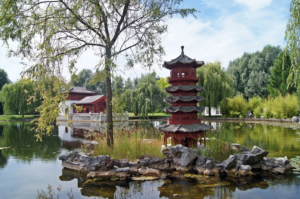 中国园林,池塘,水