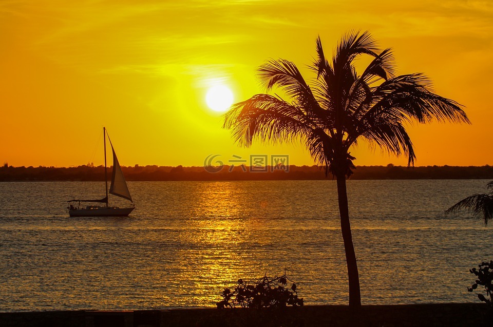 加勒比海,日落,帆船