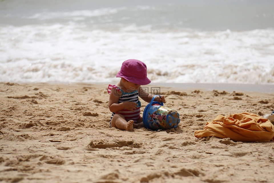 小孩玩,海滩,斗