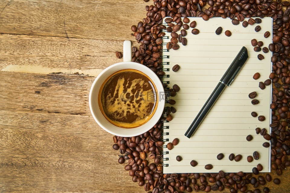 咖啡,笔记本,钢笔
