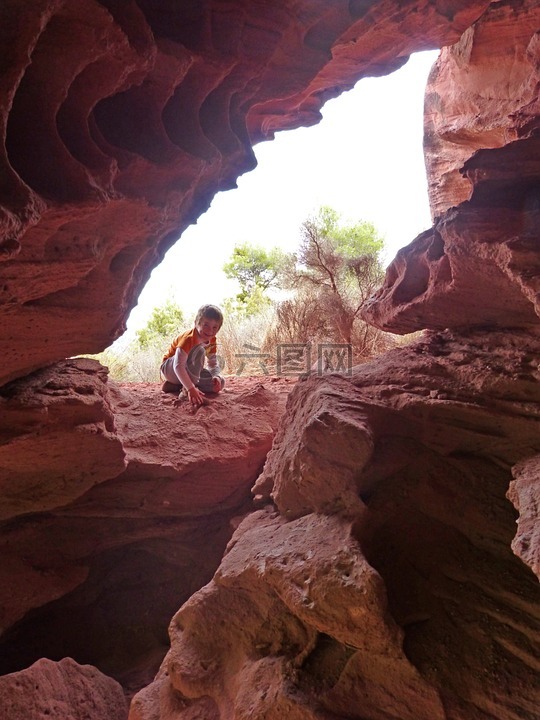 洞穴,红砂岩,儿童