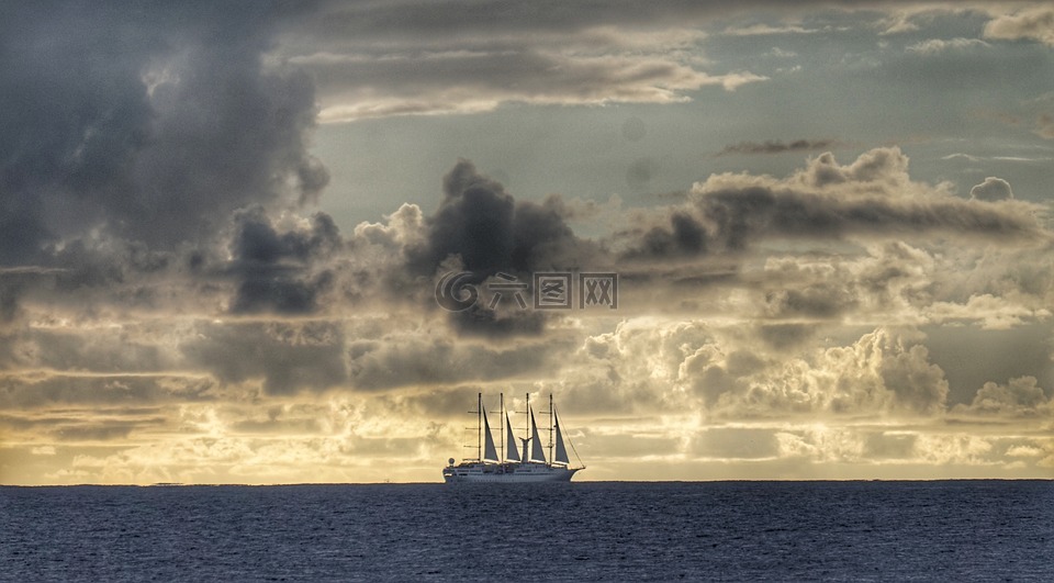 帆船,日落,波利尼西亚