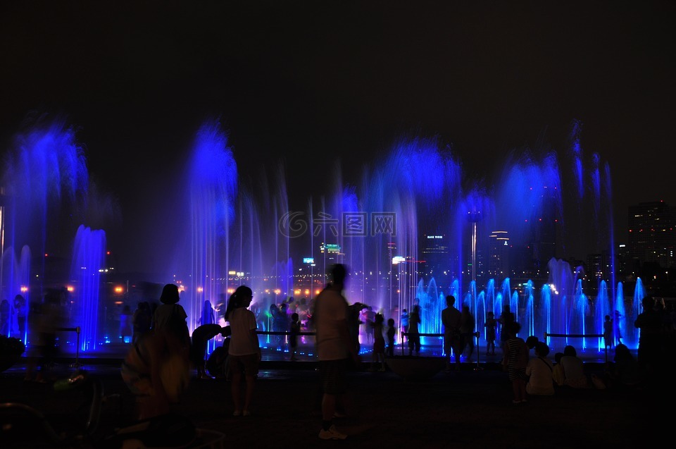 夜景,音乐喷泉,倾角