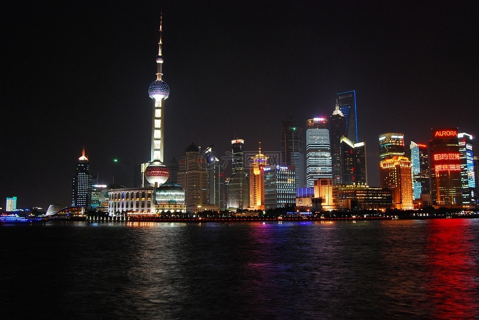 上海的天际线,市容,夜