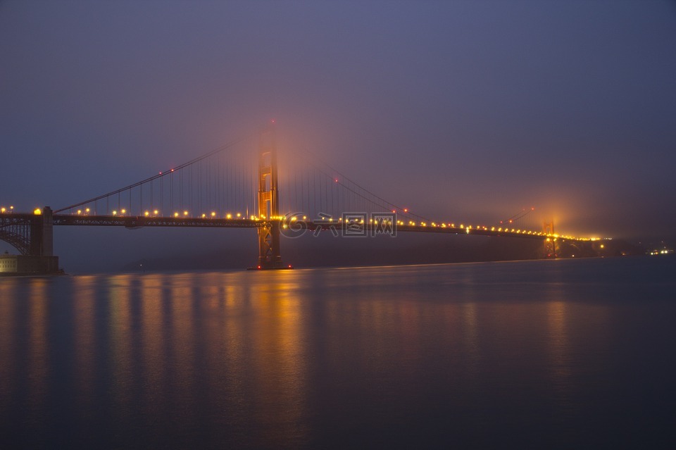日落,金门大桥,雾