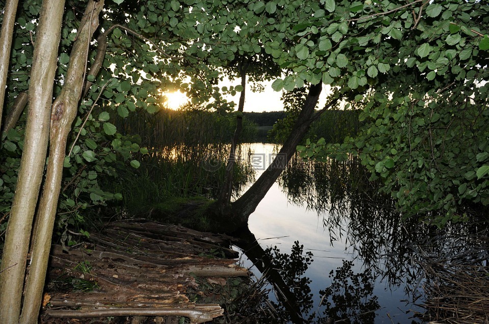 湖,日落,mecklenburgische seenplatte