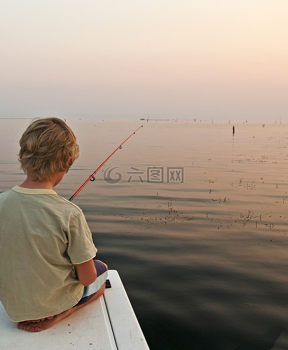 男孩,湖,钓鱼