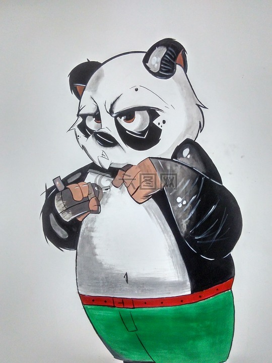 墙上绘画的熊猫,涂鸦画,涂鸦