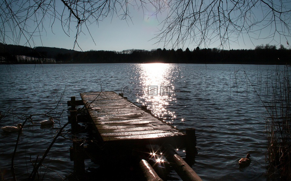 木板路,日落,湖