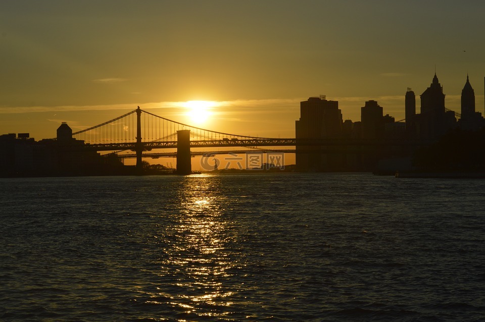 布鲁克林大桥,日落,桥
