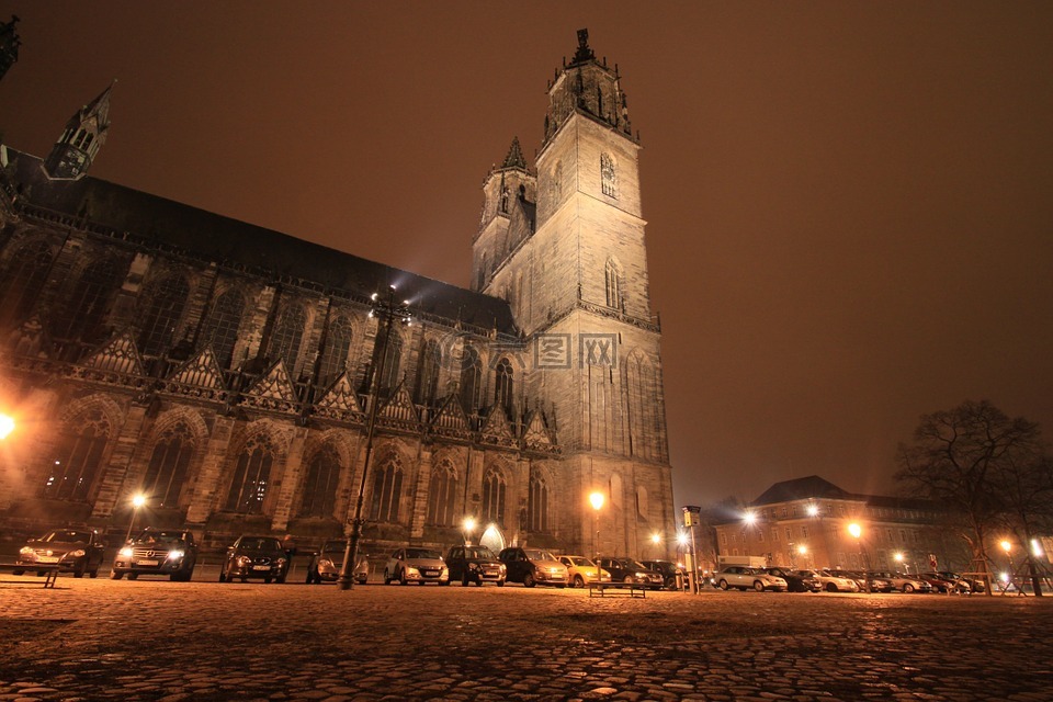 马格德堡,大教堂,夜间照片