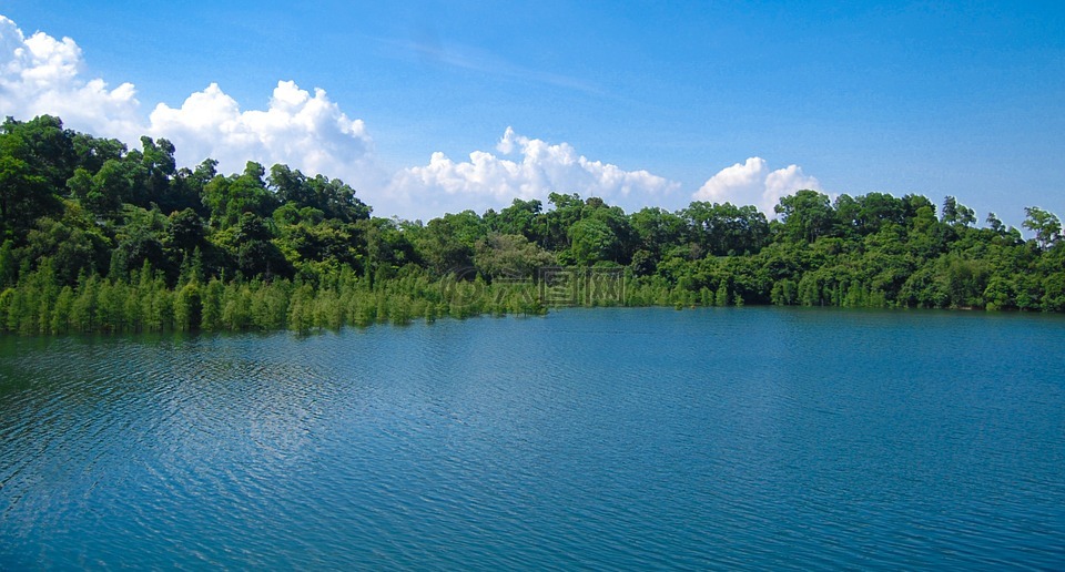 山水,藍天白雲,湖泊