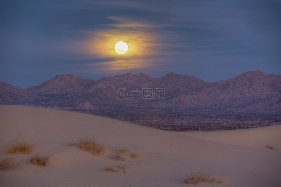 沙丘,山,月亮升起
