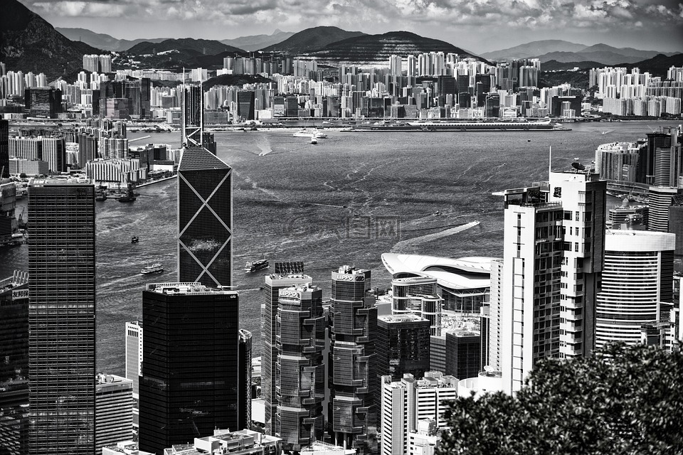 香港,黑色和白色,天际线