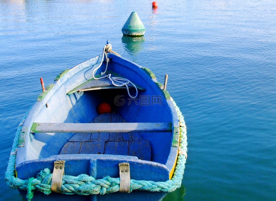 船,划艇,蓝色的船