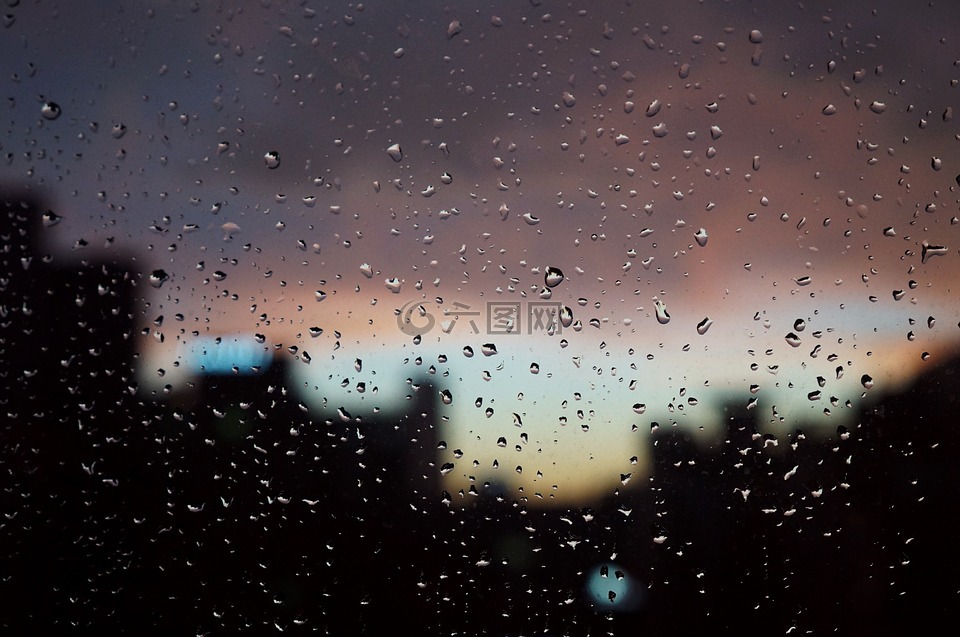 雨滴,日落,窗口