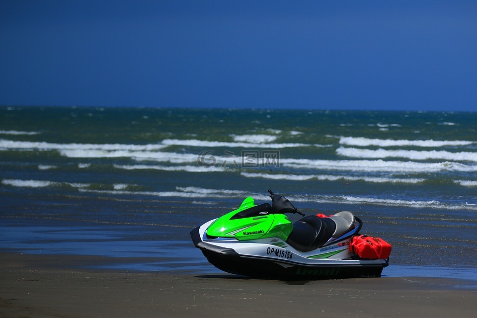 藍天,沙灘,水上摩托車