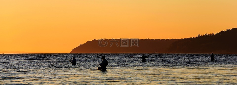 渔民,日落,水