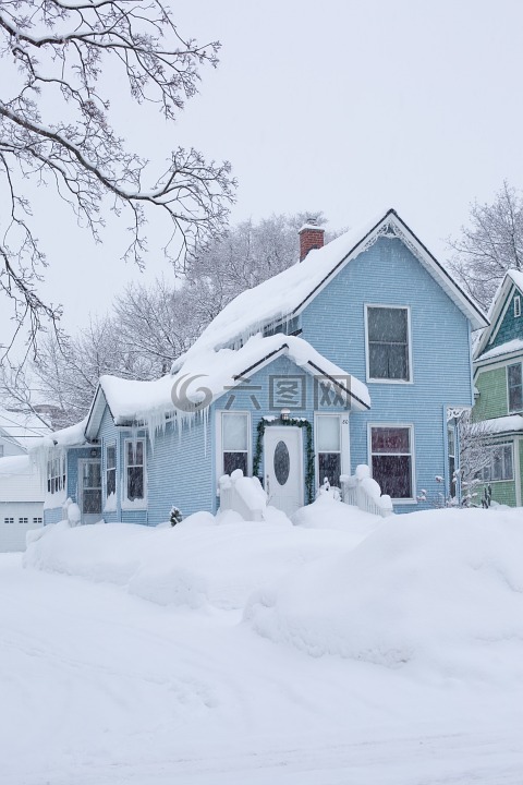 房子,冬天,蓝色