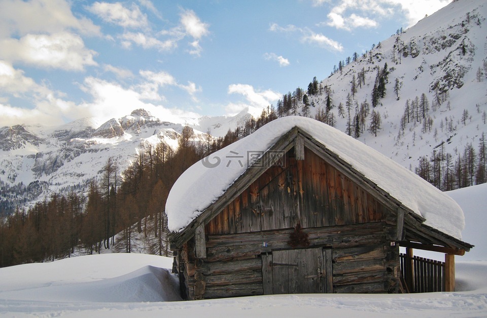 雪景,山上的小屋,高山