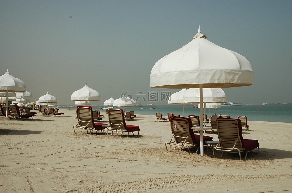 海滩,迪拜,阳伞