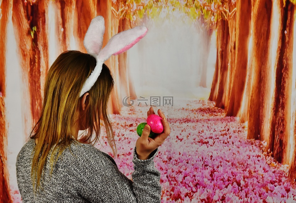 复活节,女孩,兔子的耳朵