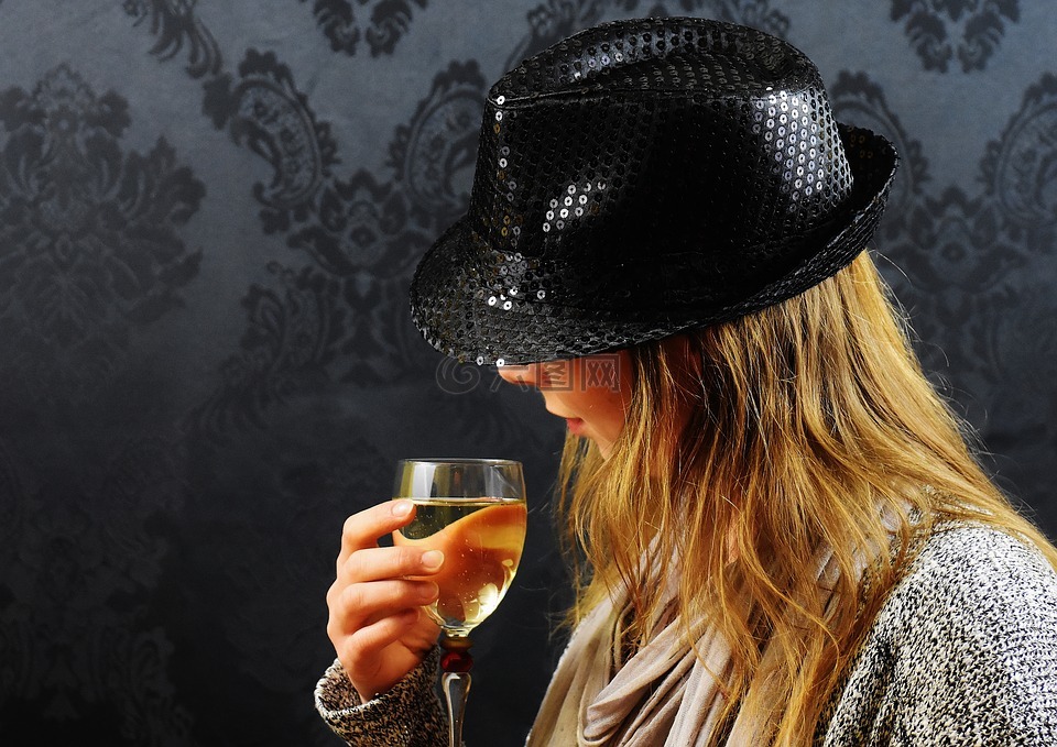 女子,帽子,香槟酒