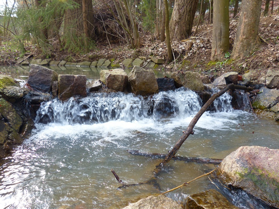 瀑布,坝,水