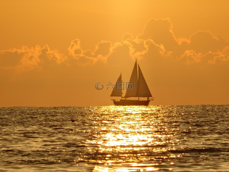 小船,日落,mar
