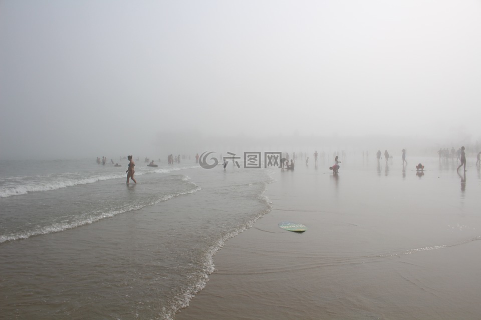 人,海滩,有雾