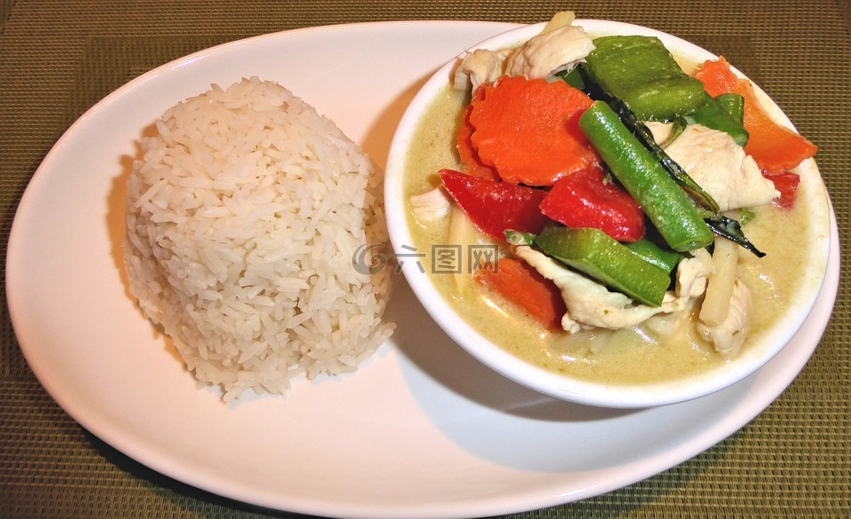 水稻,绿咖喱鸡,蔬菜