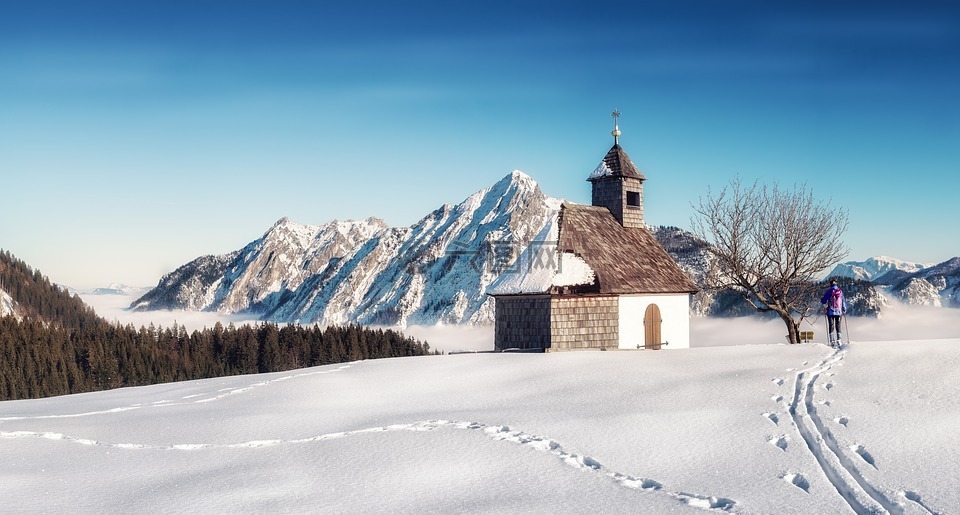 小教堂,山,冬天