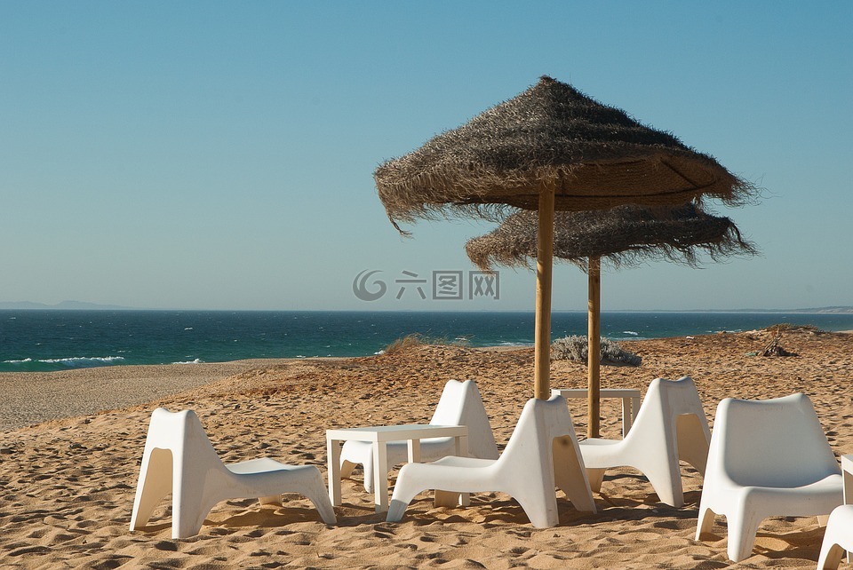 海滩,阳伞,沙滩椅