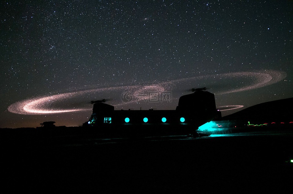 军事运输直升机,夜,地面