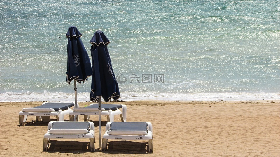 日光浴浴床,伞,海
