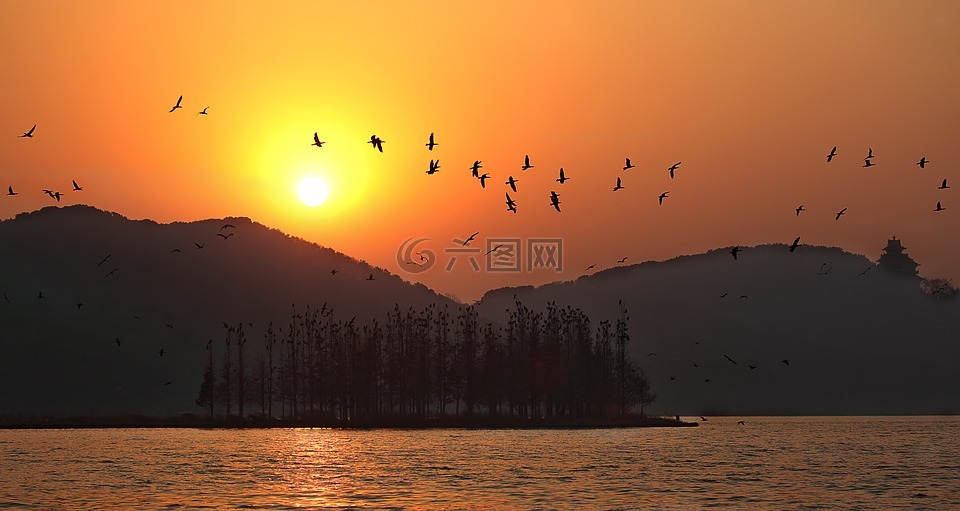 夕阳,东湖,武汉