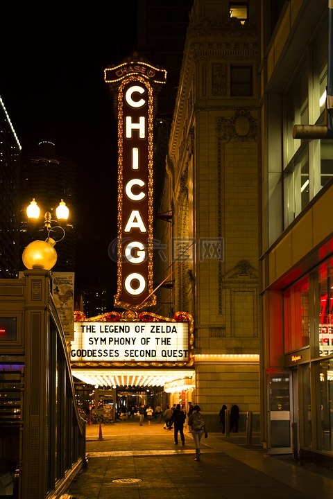 芝加哥剧院,市中心,夜