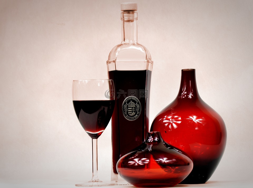 红葡萄酒,瓶,杯